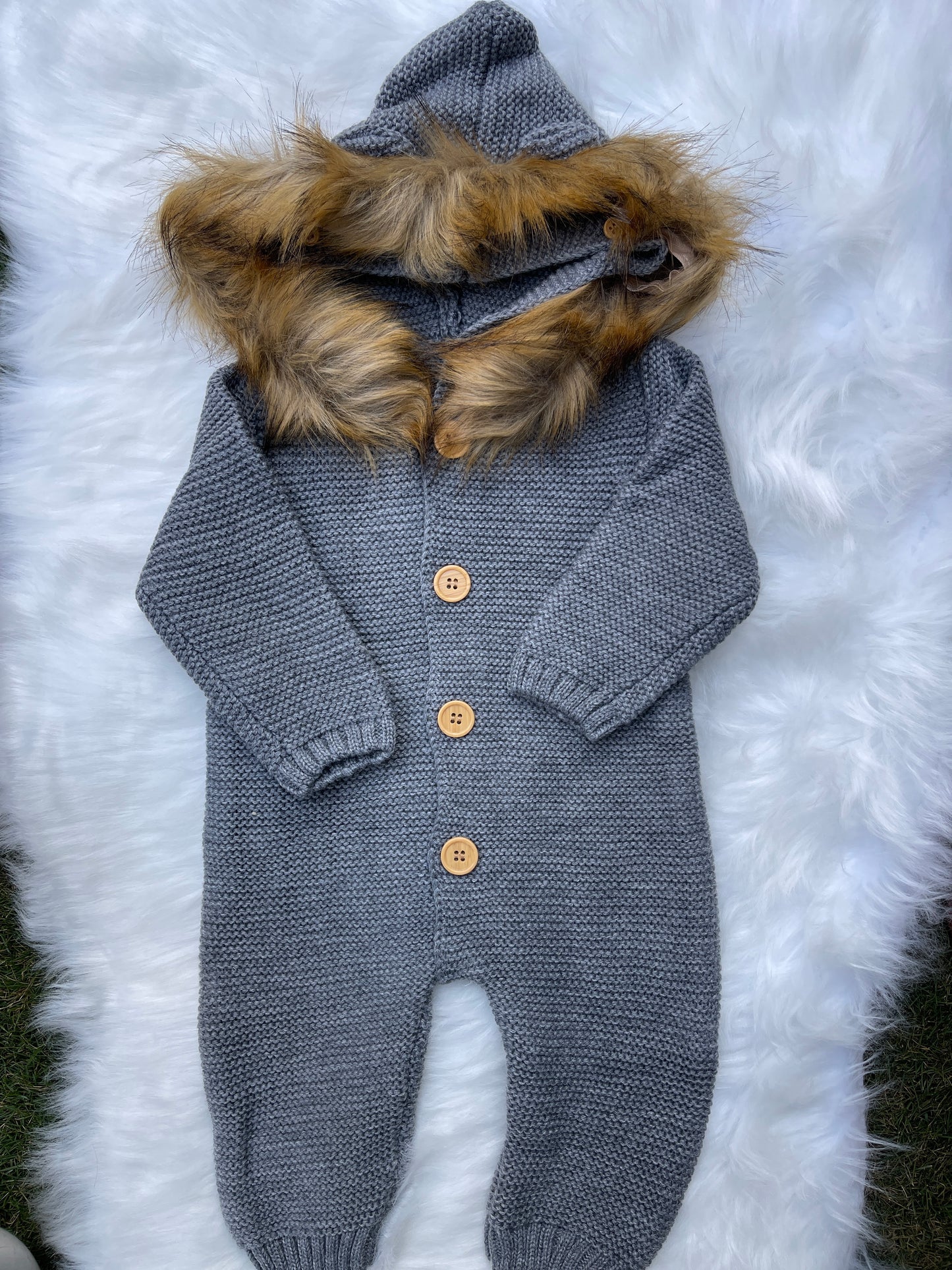 Unisex Baby Romper Jumpsuit With Fur Hood