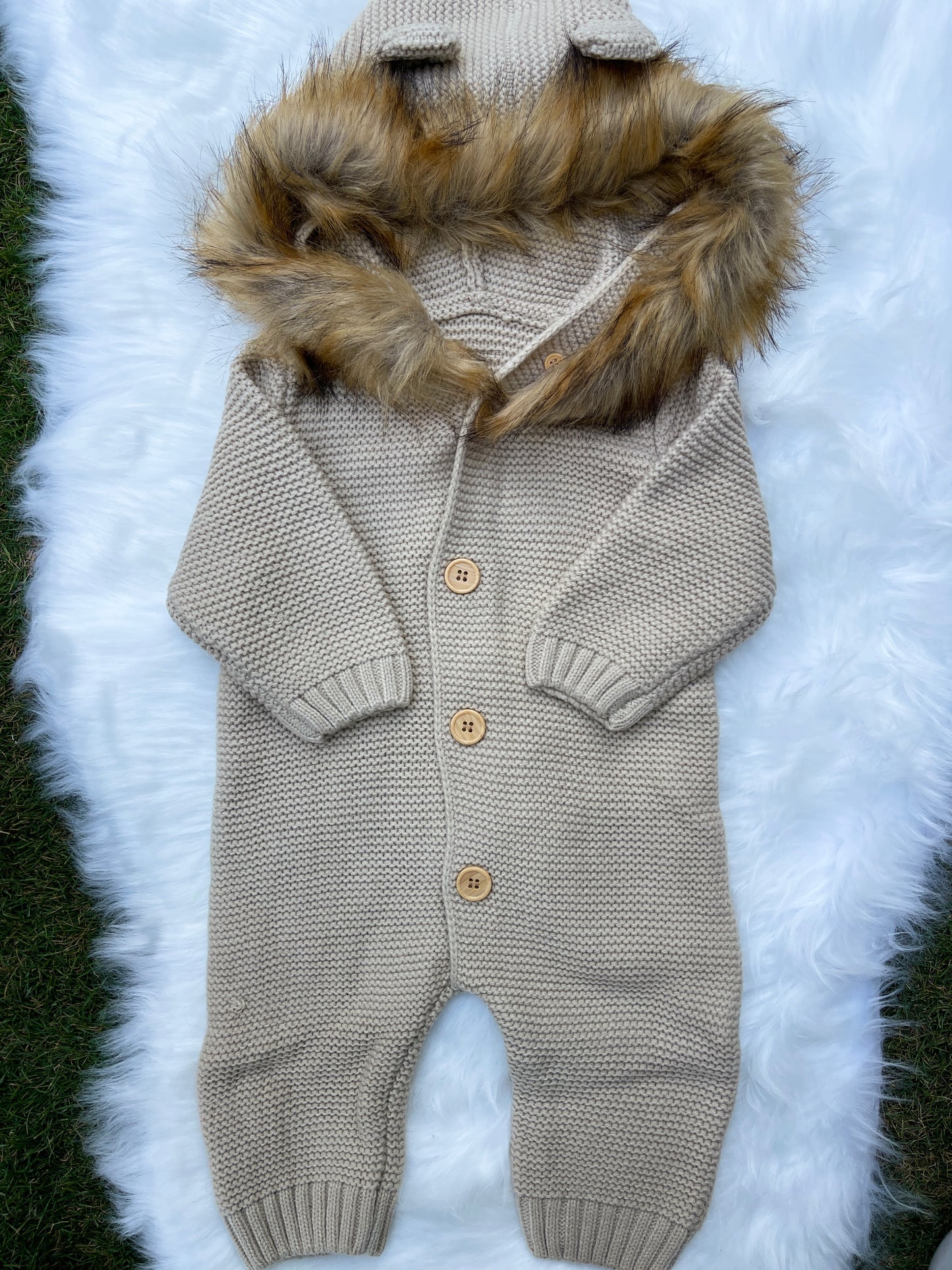 Unisex Fur Hooded Knitted Baby Jumpsuit